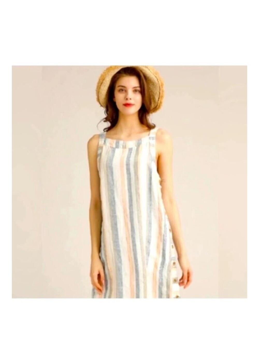 FOR CYNTHIA Striped Linen Blend Sleeveless Shift Dress S Beach Light unique